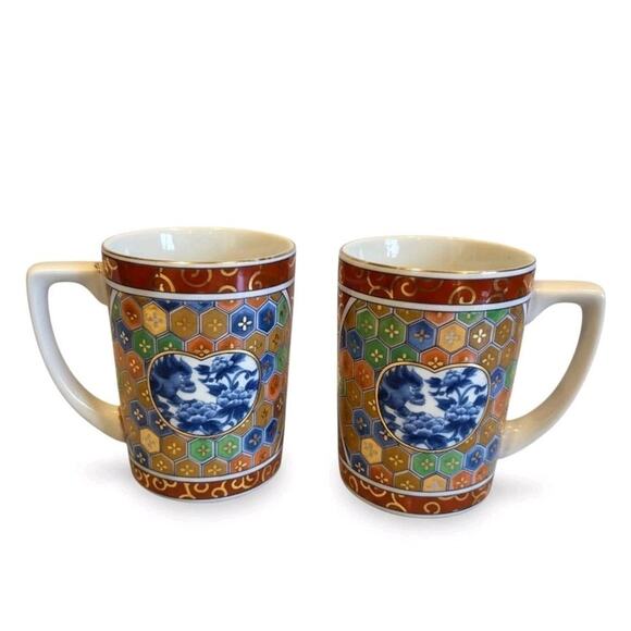 Kozan Gama Japan Imari Mugs Mino Ware Foo Dog Floral Pattern 10oz Set Of 2 GUC - Picture 1 of 13